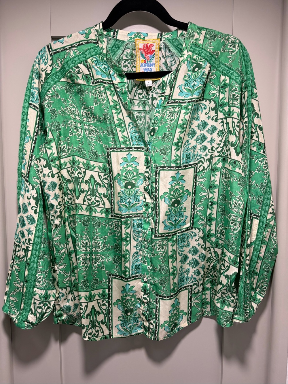 Johnny Was Emerald and White Patchwork V-Neck Blouse